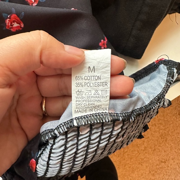 Navy blue with red flower cap-sleeve mini dress with smocking in back. - Picture 3 of 3